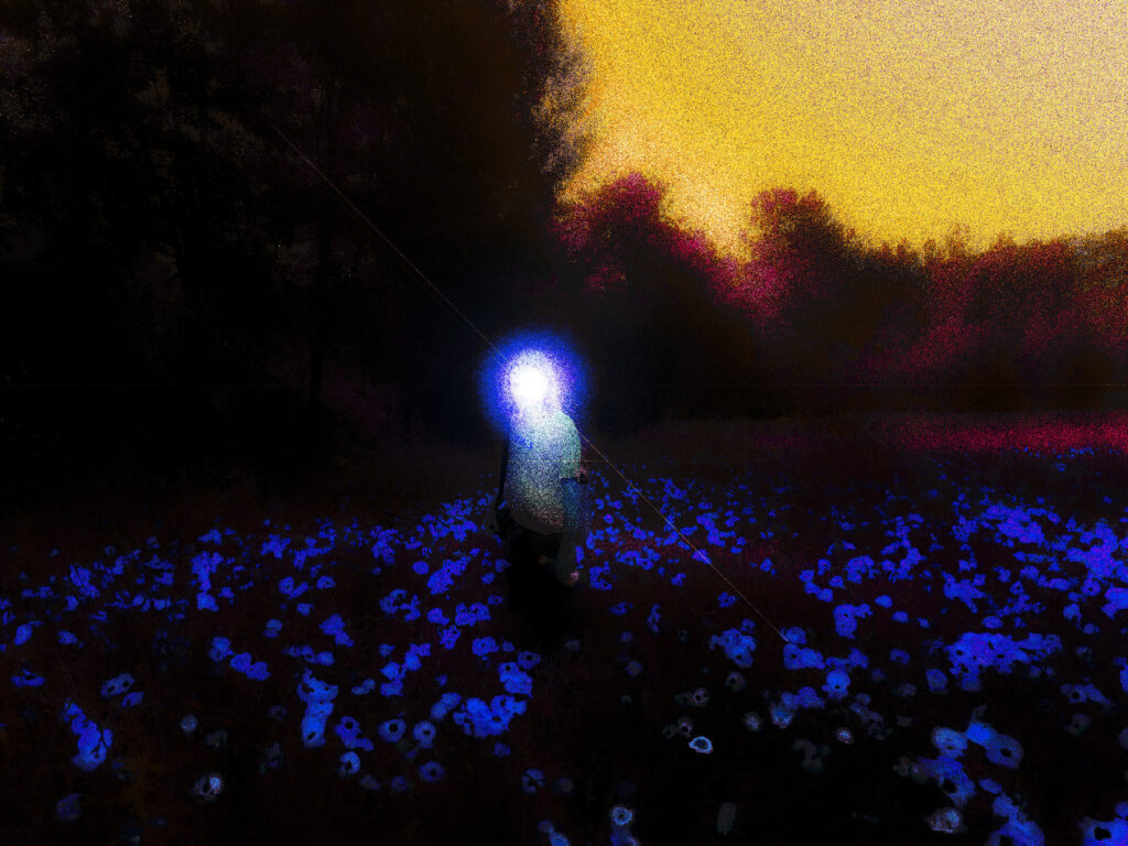 Modèle dans des coquelicots, visage illuminé comme une peinture christique, les coquelicots à ses pieds sont bleus, et le ciel est jaune.